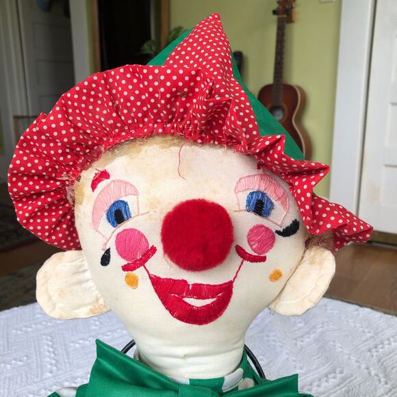 Vintage Handmade Smiling Clown Plush Embroidered Face Felt Shoes Large Cute - Picture 2 of 14